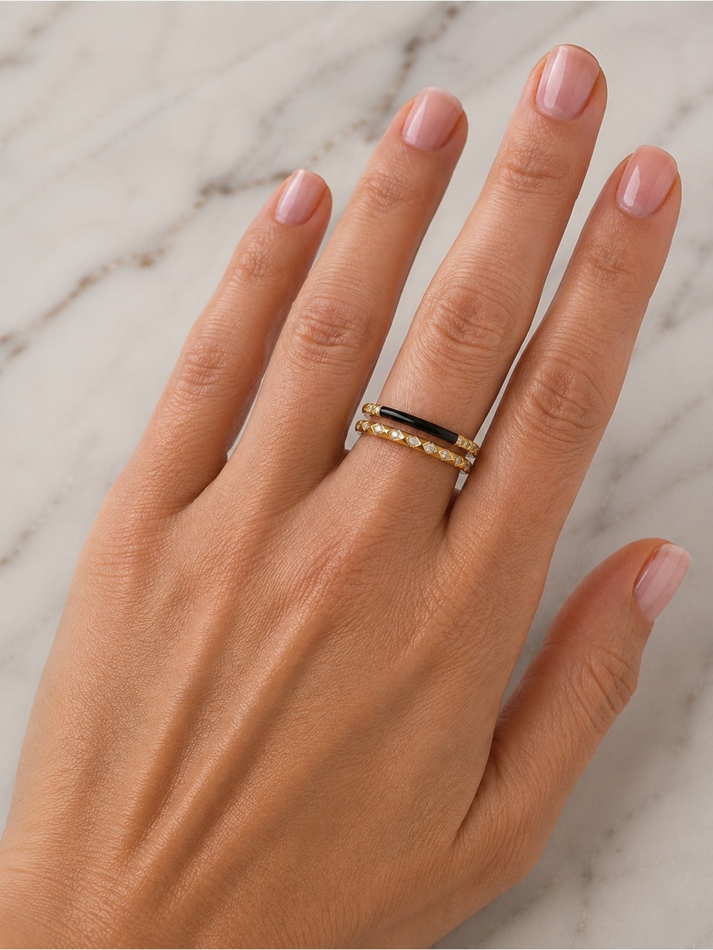 Pandora Gold-Tone Black Enamel & Crystal Stackable Rings Size 10 Set of 2
